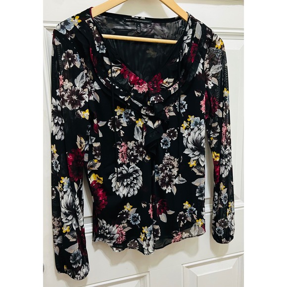 White House Black Market Floral Mesh Ruffle V-Neck Blouse Black Small - Picture 4 of 7